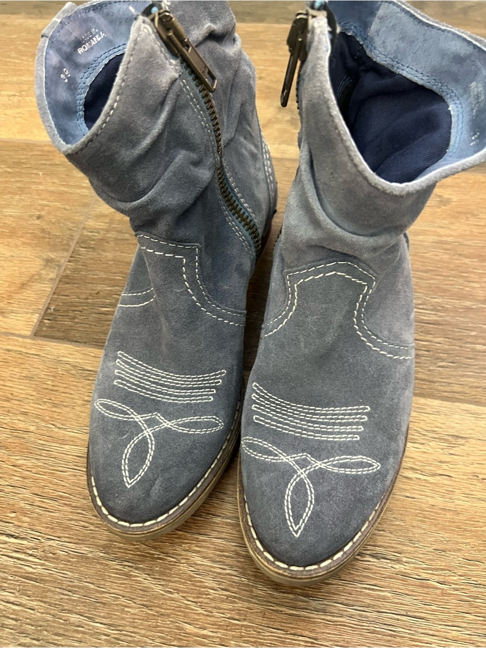Sundance Etta blue Suede Cowboy Boots Boho Slouch Ankle Booties size (39)